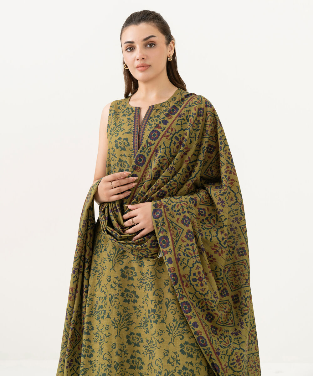 Women's Unstitched Light Khaddar Printed Brown 3 Piece Suit