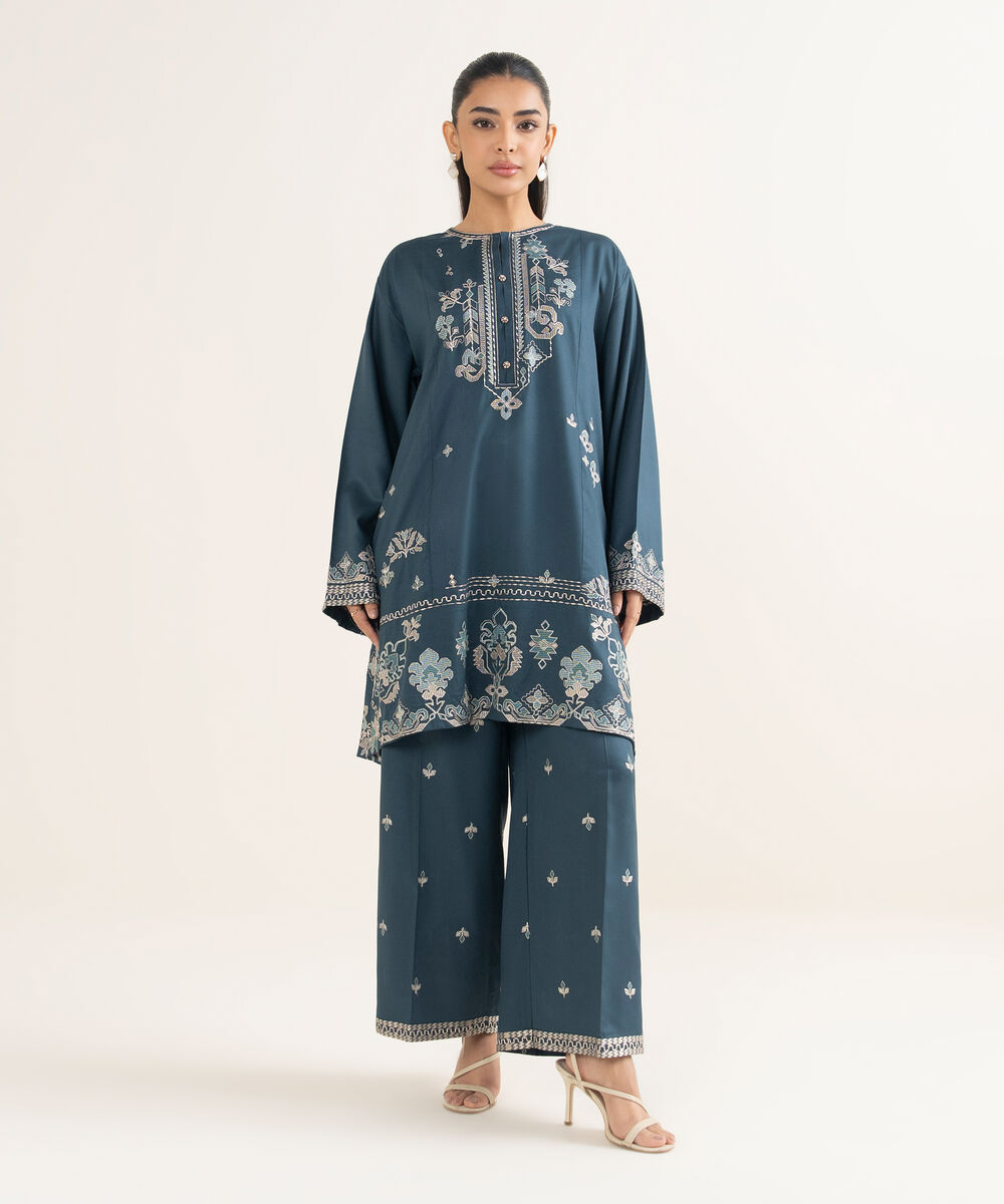 Women's RTW Viscose Marina Embroidered Teal Straight Shirt