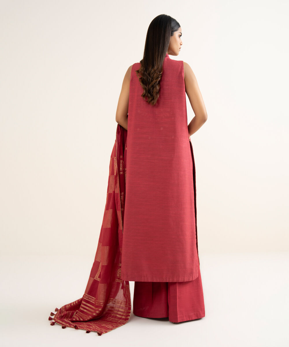 Women's Unstitched Embroidered Zari Khaddar Maroon 3 Piece Suit