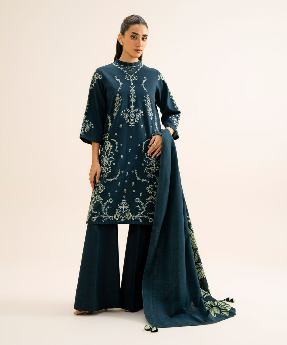 Women's Unstitched Light Khaddar Embroidered Dark Blue 3 Piece Suit