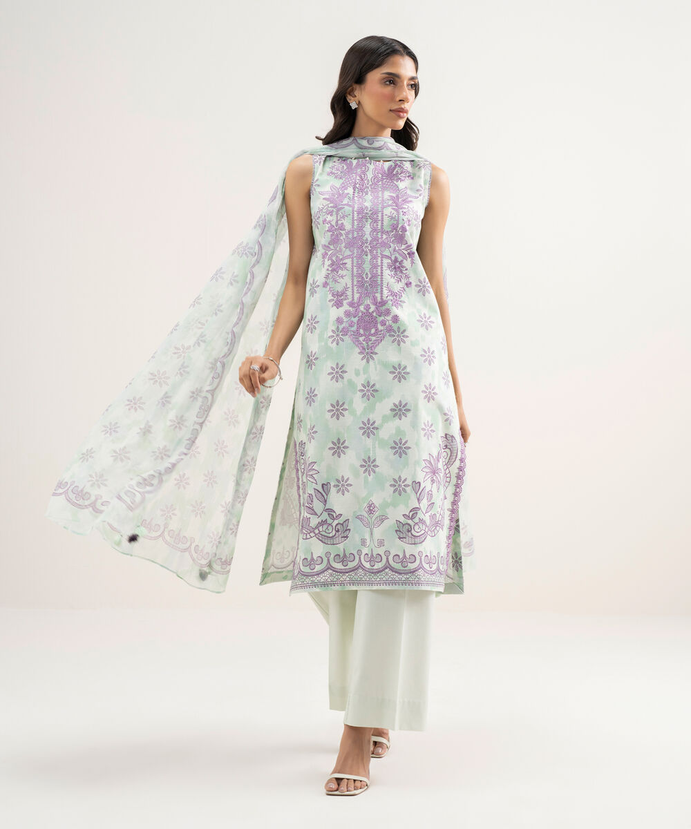 Women's Unstitched Lawn Embroidered Green 3 Piece Suit
