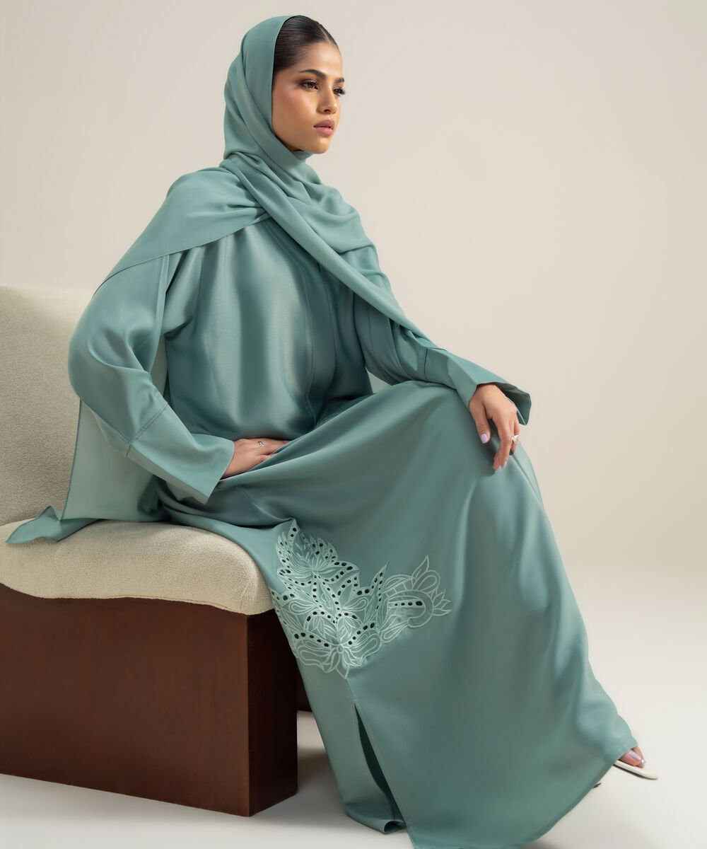 Women's Polyester Blue Embroidered Regular Abbaya Set