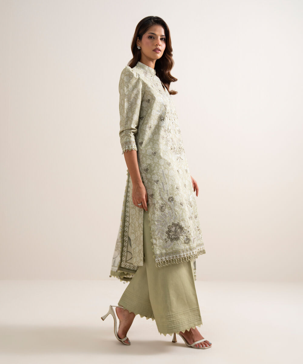 Women's Unstitched Lawn Embroidered Beige 3 Piece Suit