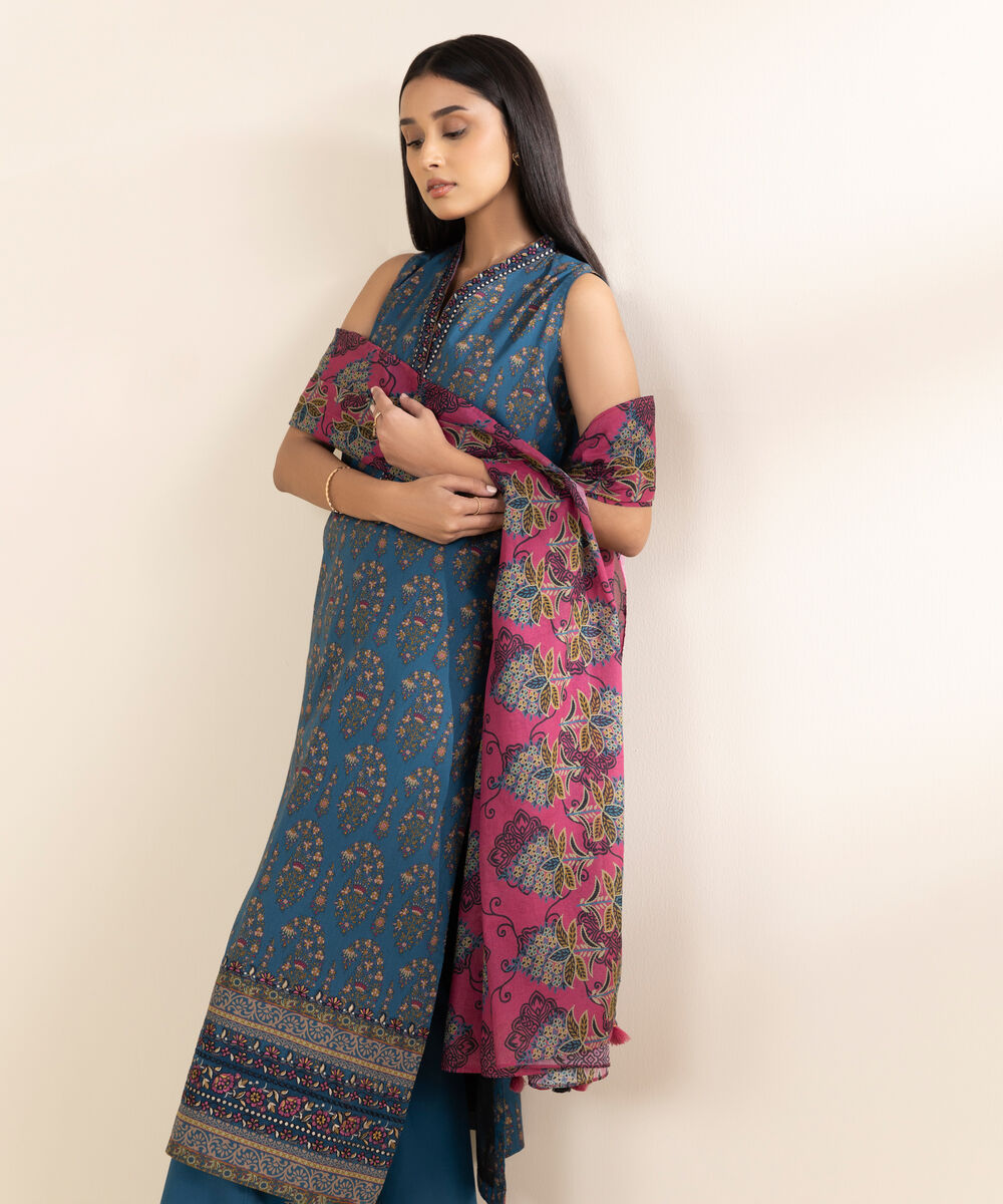 Women's Unstitched Lawn Embroidered Blue 3 Piece Suit