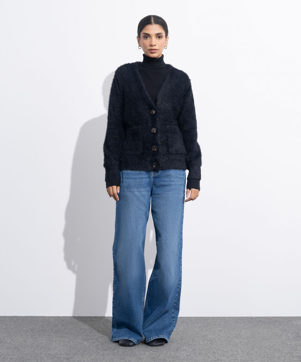 Women's Western Wear Black Fuzzy Knit Cardigan