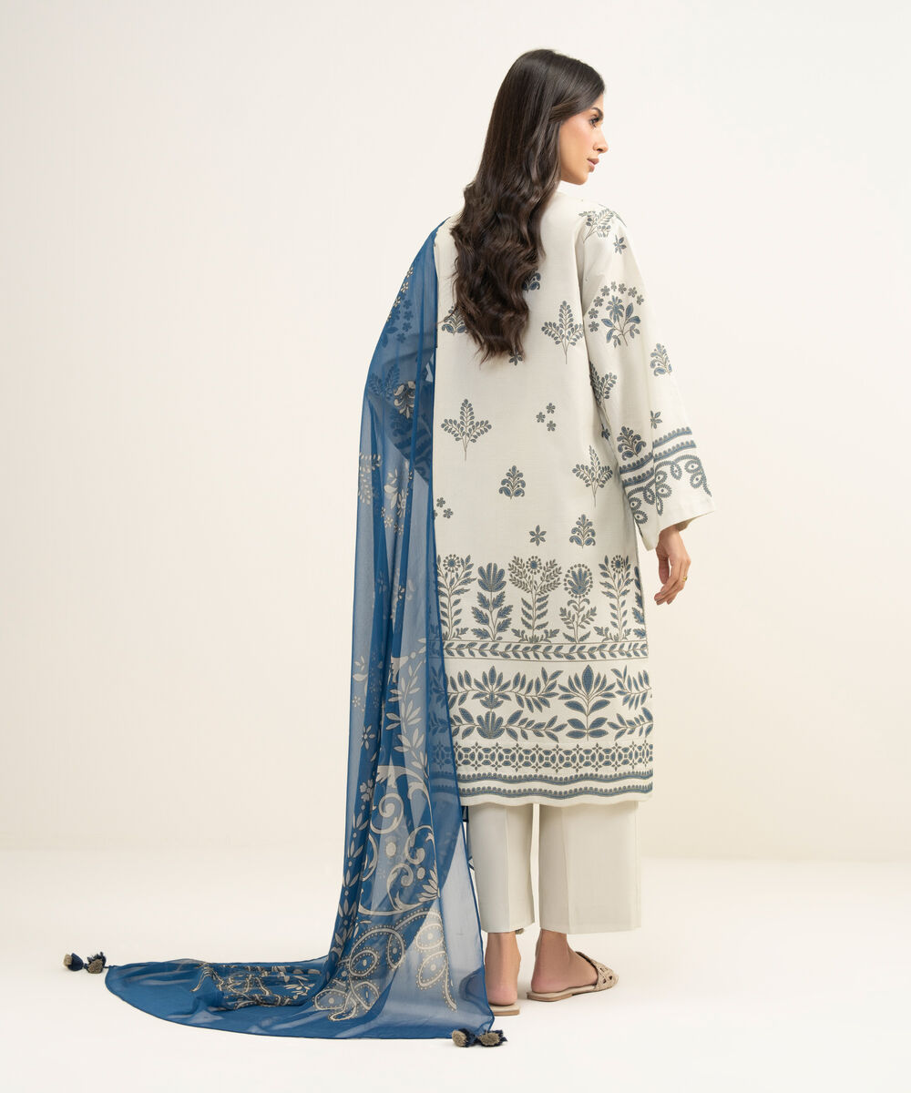 Women's Unstitched Zari Lawn Printed Off White 3 Piece Suit