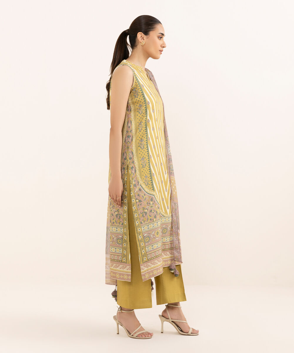 Women's Unstitched Arabic Lawn Printed Yellow 3 Piece Suit