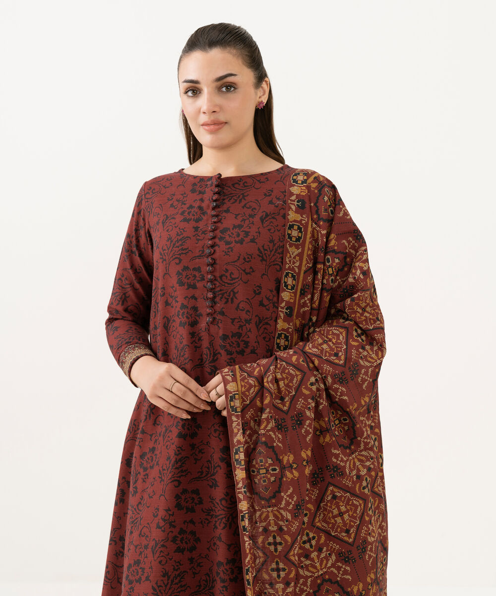 Women's Unstitched Khaddar Printed Red 3 Piece Suit