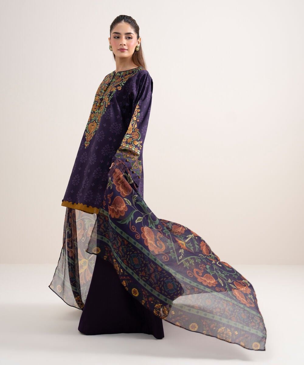 Women's Unstitched Lawn Embroidered Purple 3 Piece Suit