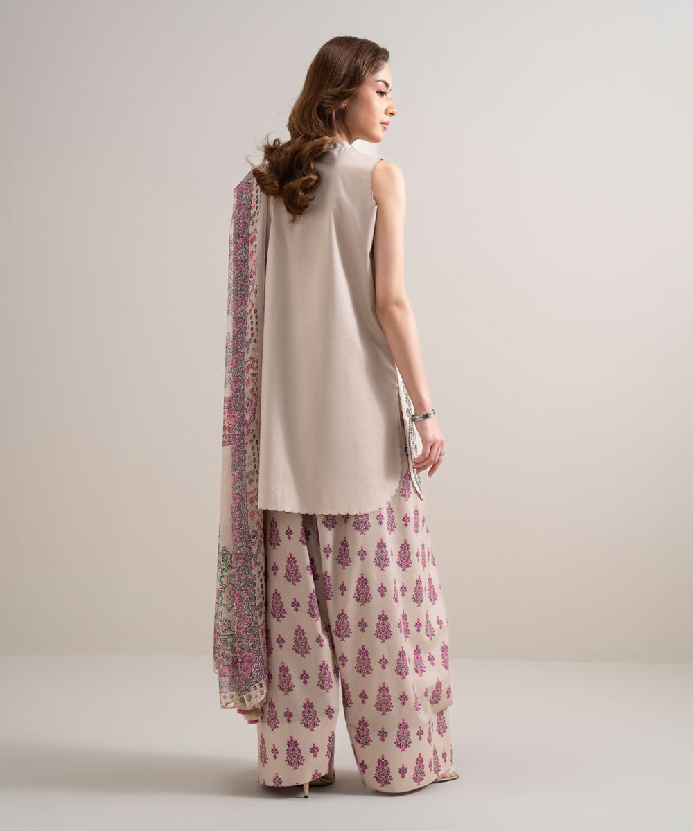 Women's Unstitched Textured Lawn Embroidered Beige   3 Piece Suit