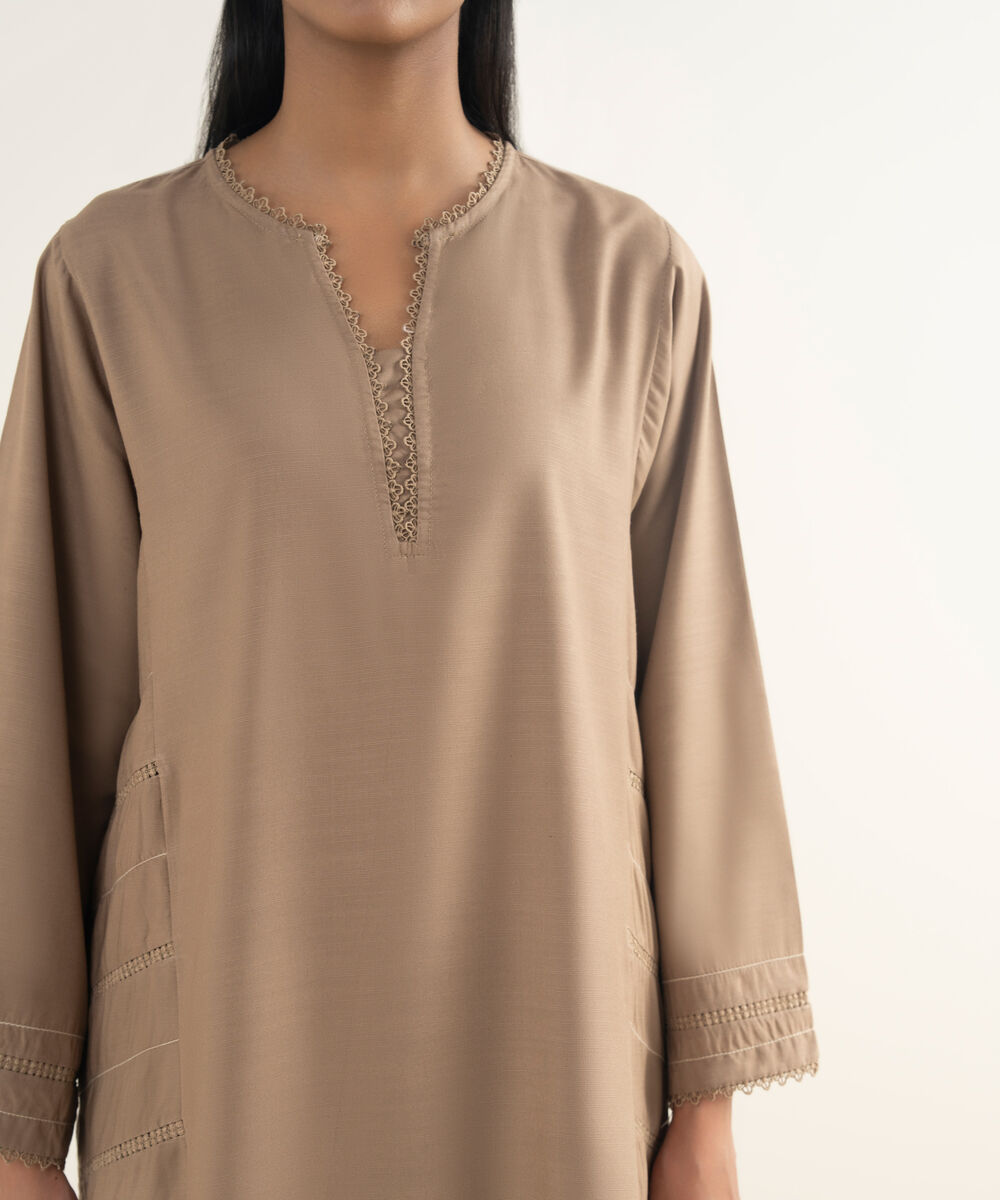 Women's RTW Khaddar Solid Beige Straight Shirt