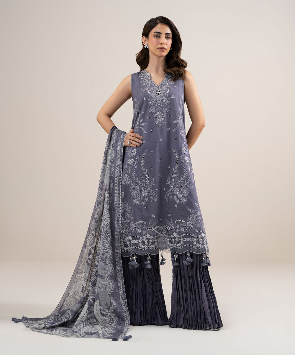 Women's Unstitched Textured Lawn Embroidered Purple 3 Piece Suit