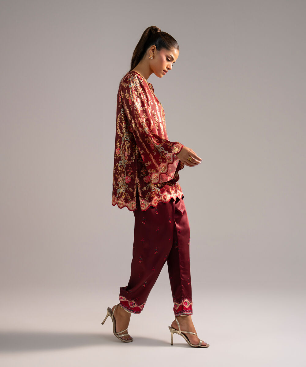 Women's RTW Blended Satin Printed Maroon 2 Piece Suit