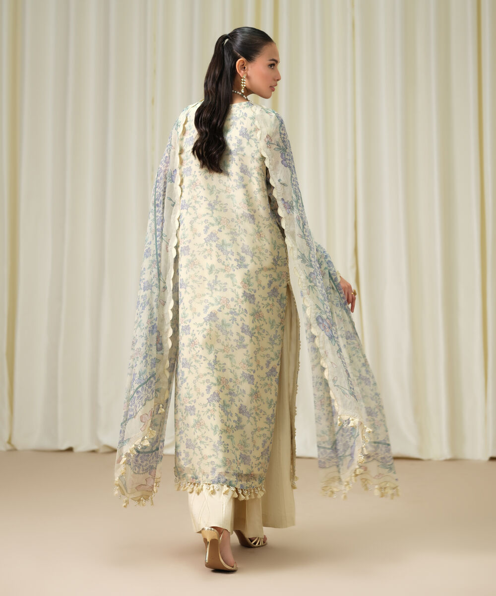 Women's Unstitched Blended Chiffon Embroidered Yellow 3 Piece Suit