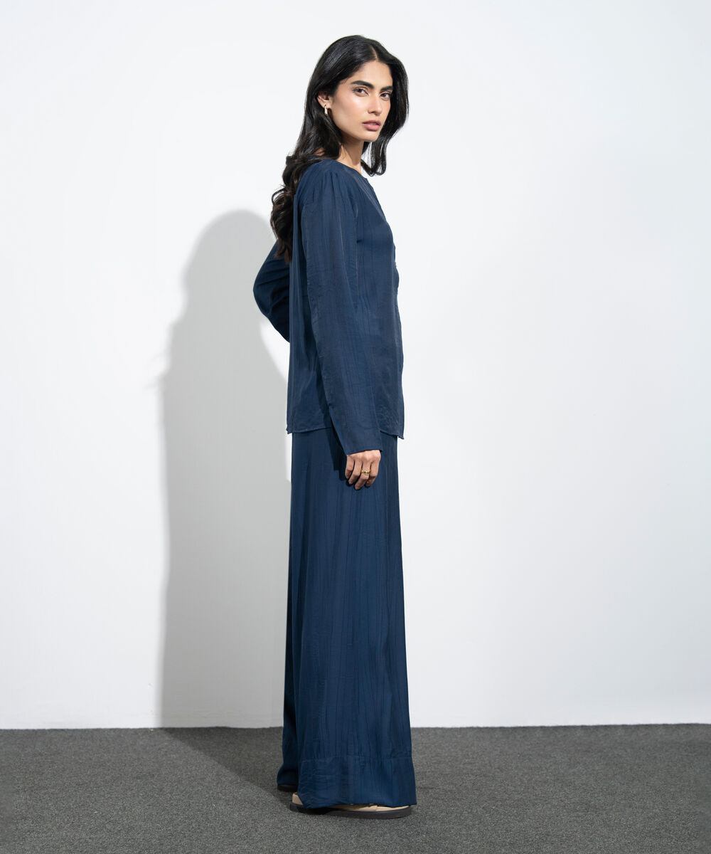 Women's Western Navy Slash Neck Textured Top