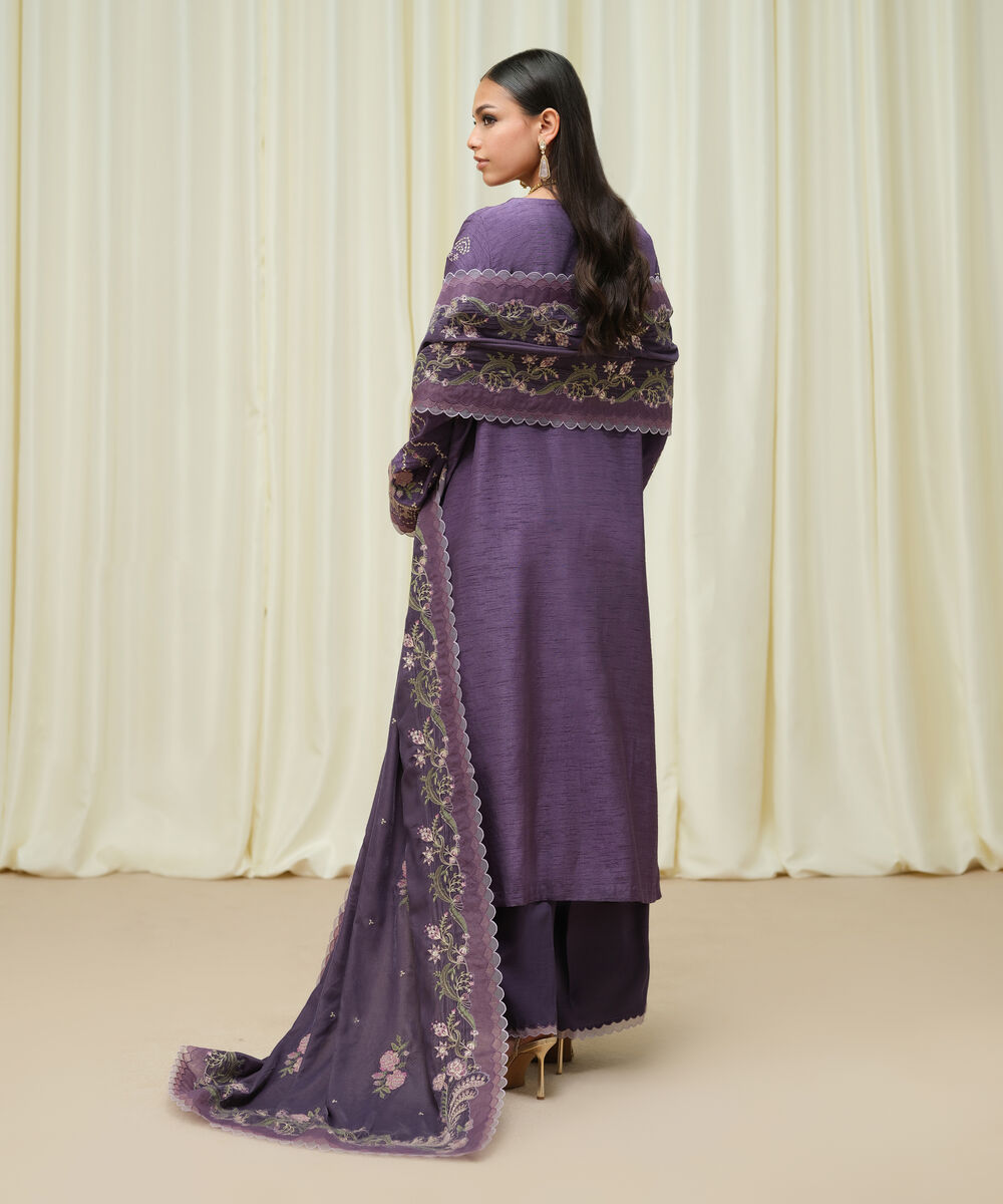 Women's Unstitched Raw Silk Embroidered Purple 3 Piece Suit