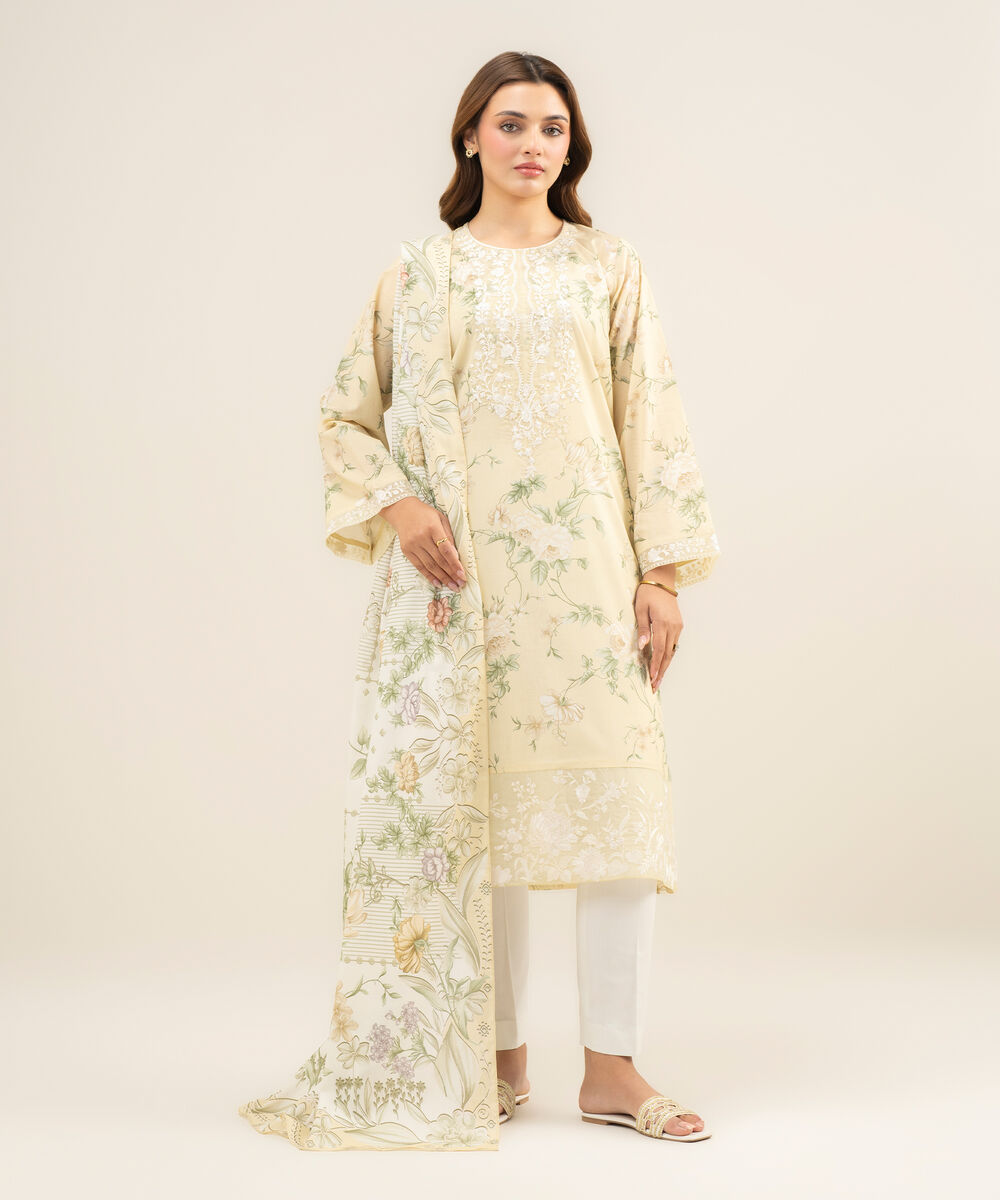 Women's Unstitched Lawn Embroidered Light Yellow 2 Piece Suit