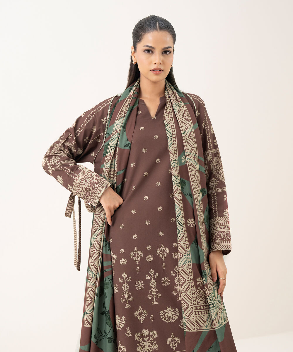 Women's Unstitched Linen Printed Brown 3 Piece Suit