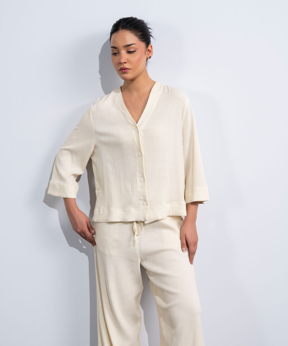 Women's Western Off-White V-Neck Seersucker Shirt