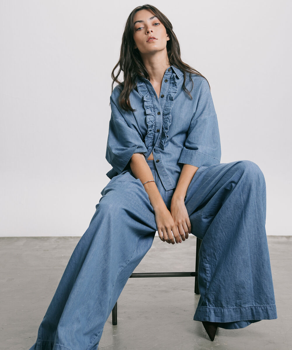 Women's Western Wear Blue Wide-Leg Pleated Trouser