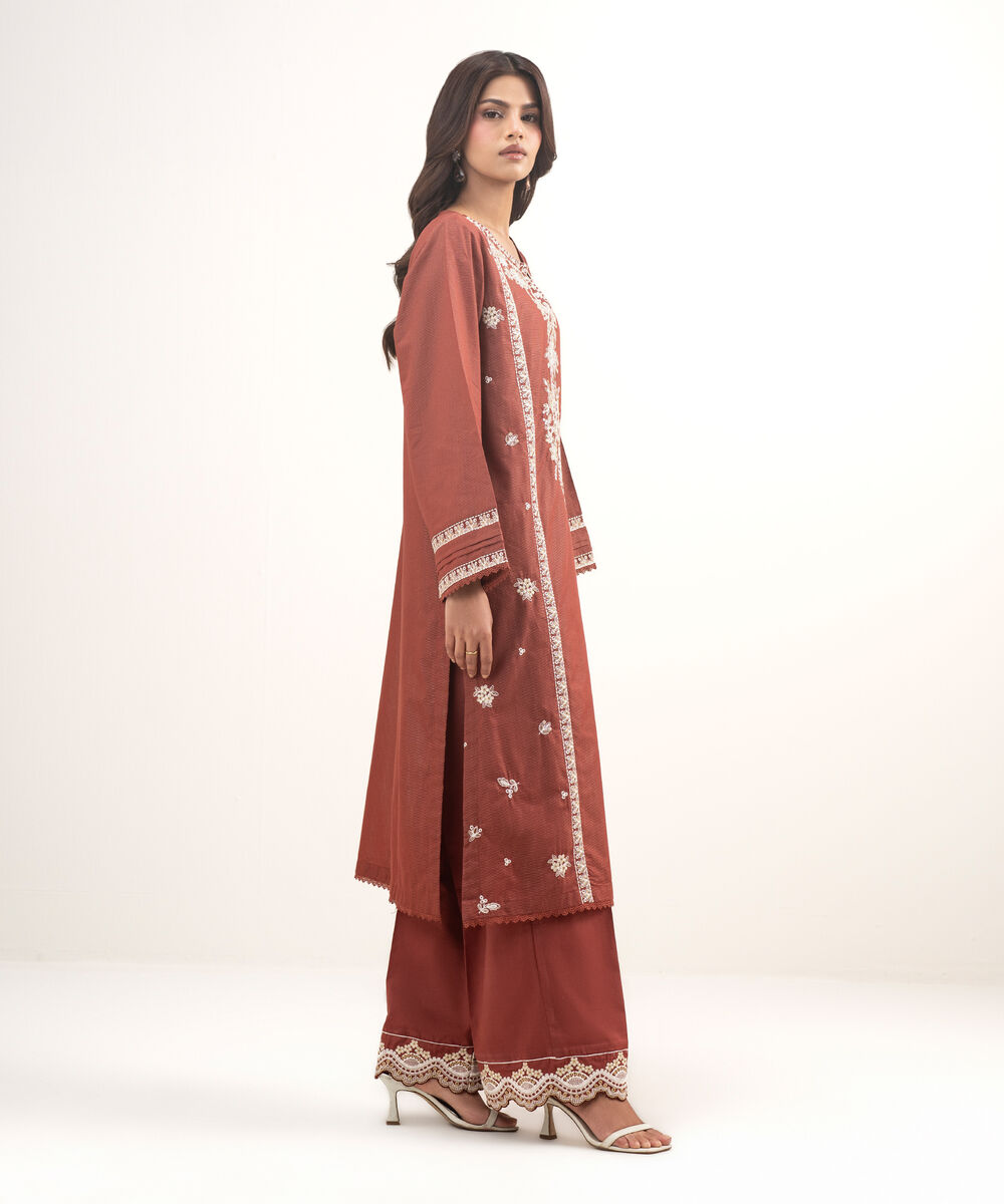 Women's RTW Zari Lawn Embroidered Brown 2 Piece Suit