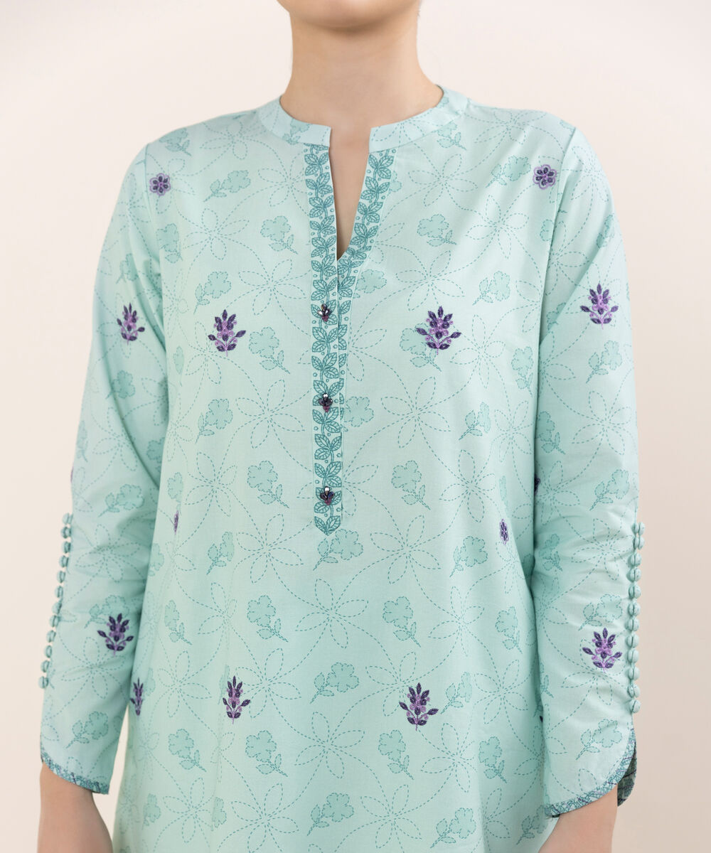 Women's Unstitched Cotton Embroidered Aqua Three Piece Suit