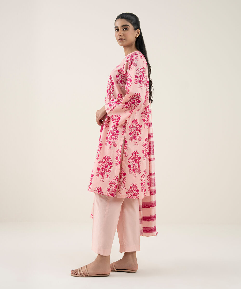Women's Unstitched Lawn Printed Pink 3 Piece Suit