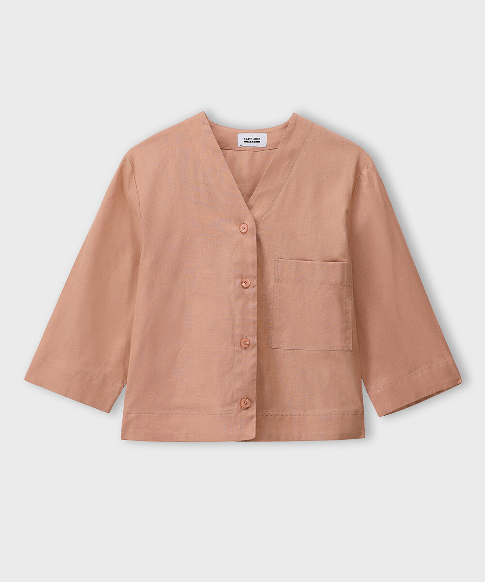 Women's Western Wear Peach V-Neck Linen Blend Shirt