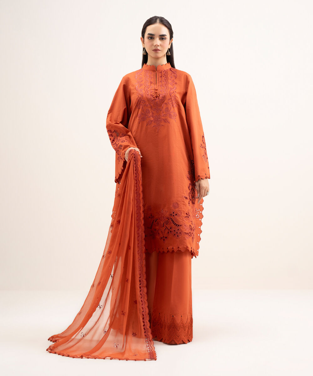Women's Unstitched Textured Lawn Embroidered Orange 3 Piece Suit