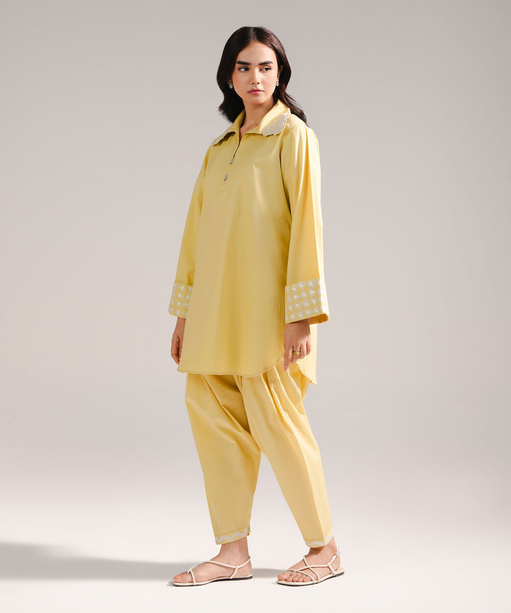 Women's RTW Seersucker Embroidered Yellow Straight Shirt