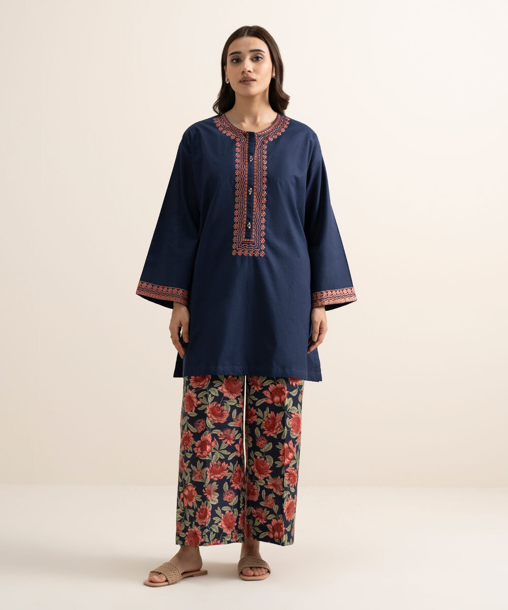 Women's RTW Cambric Embroidered Blue Drop Shoulder Shirt