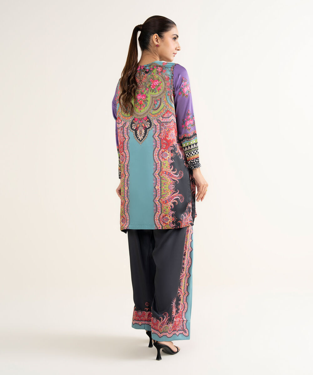 Women's RTW Blended Satin Printed Turqouise 2 Piece Suit