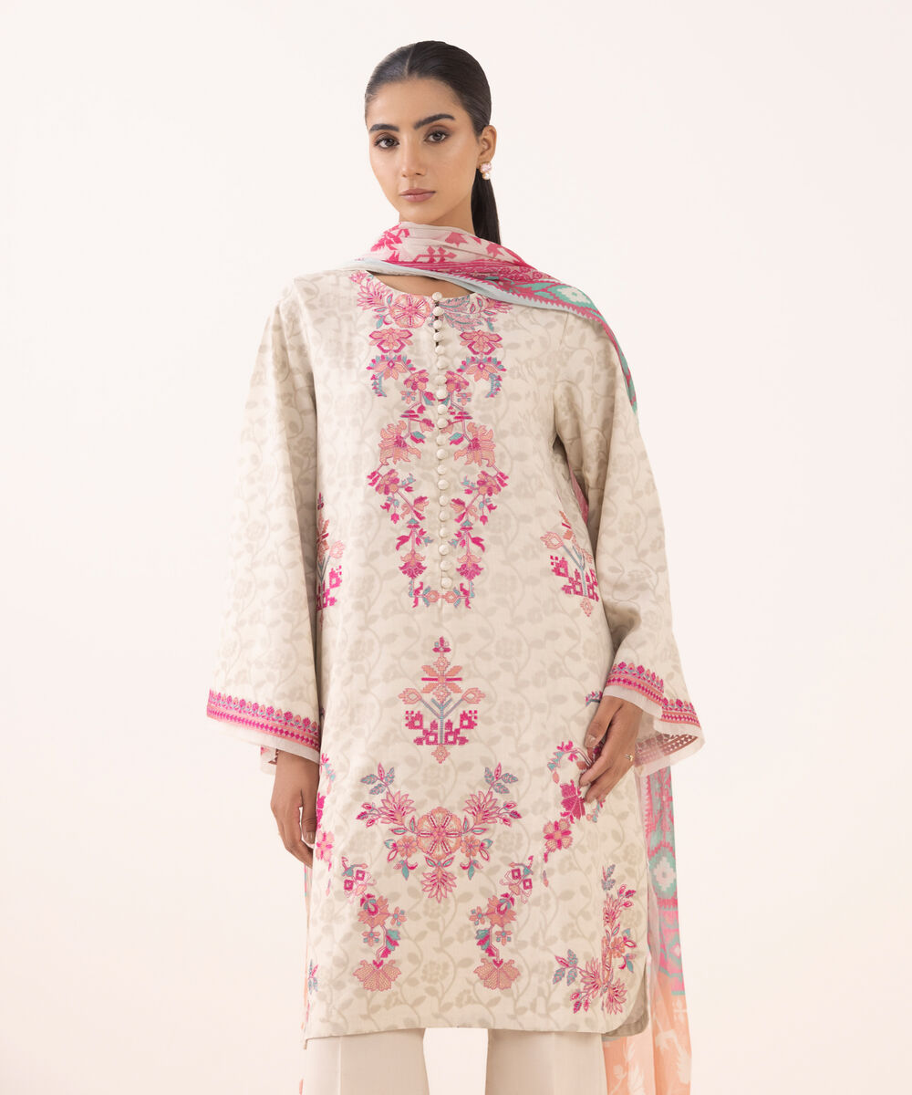 Women's Unstitched Jacquard Embroidered Off White Three Piece Suit