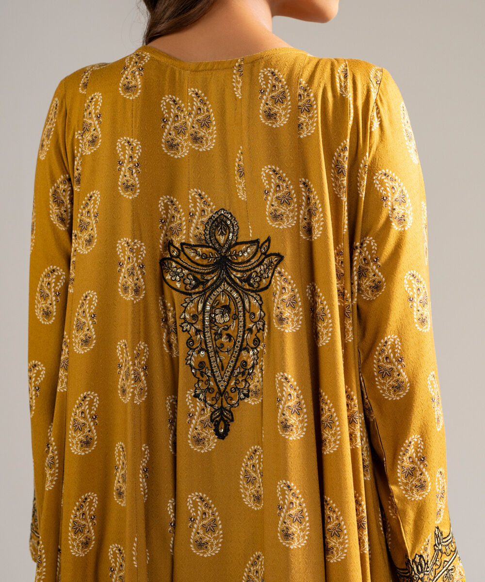 Women's RTW Arabic Dobby Embroidered Mustard Brown 3 Piece Suit