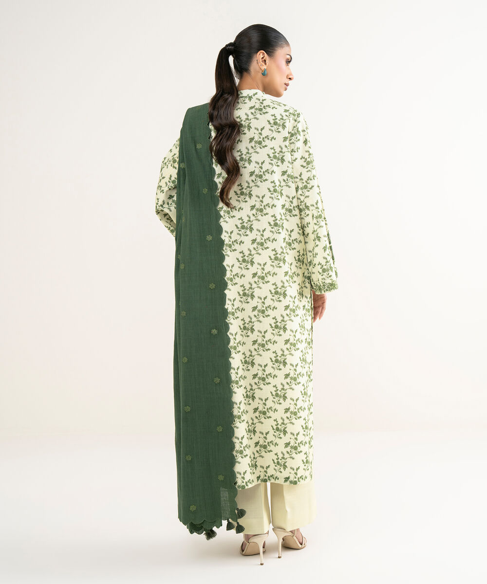 Women's Unstitched Cross Hatch Embroidered Green 3 Piece Suit