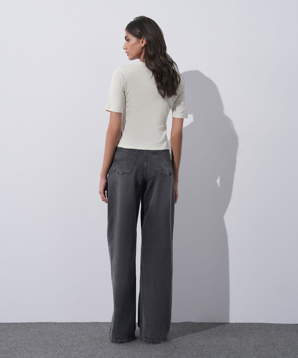 Women's Western Wear Ivory Slim-Fit Ribbed T-Shirt