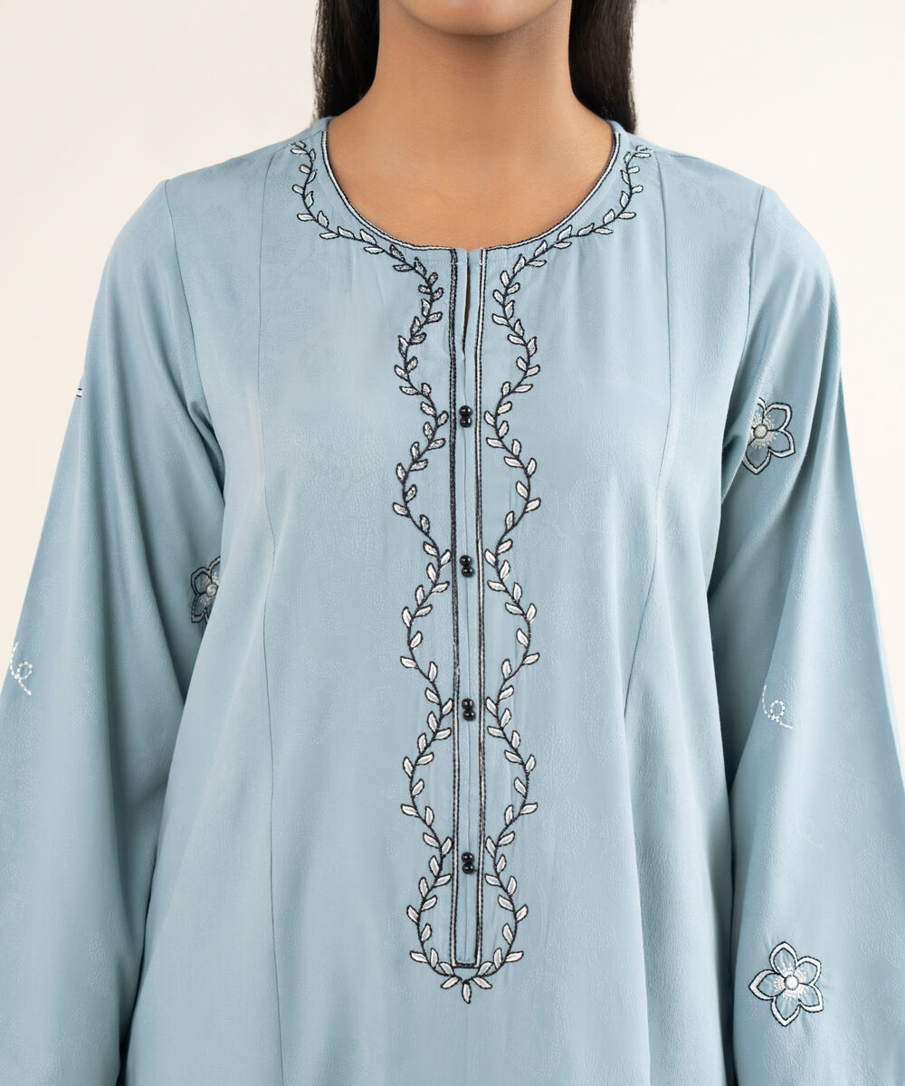 Women's RTW Self Jacquard Leno Embroidered Blue A-Line Shirt