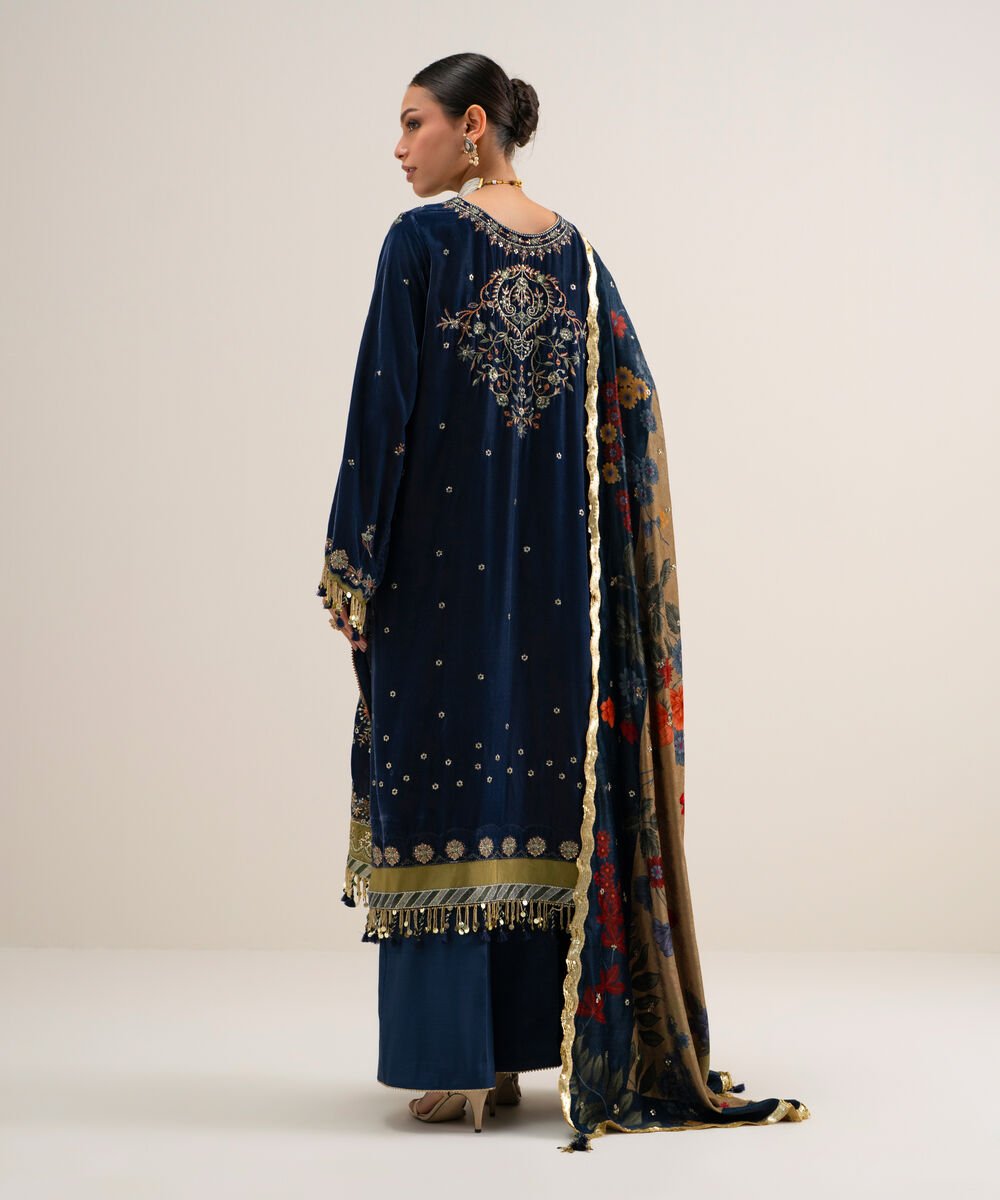 Women's Unstitched Embroidered Velvet Blue 3 Piece Suit