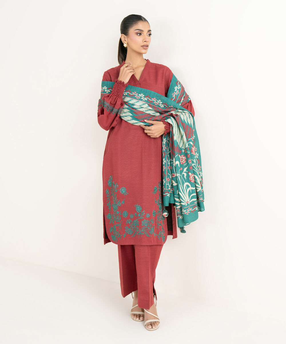 Women's Unstitched Light Khaddar Embroidered Red 3 Piece Suit