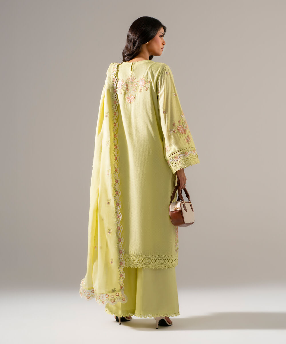 Women's RTW Dobby Solid Embroidered Yellow 3 Piece Suit