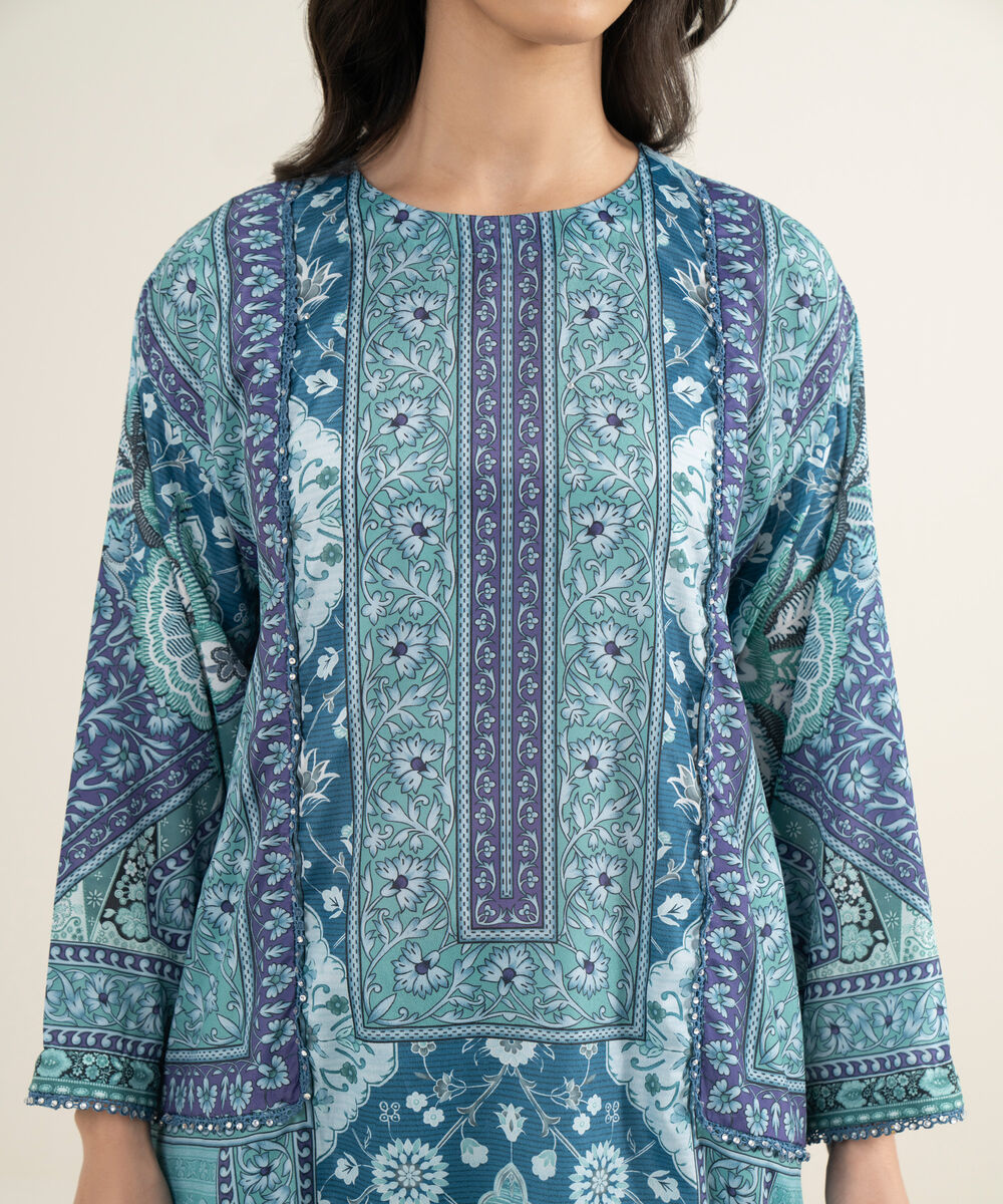 Women's RTW Blended Grip Silk Printed Green 3 Piece Suit