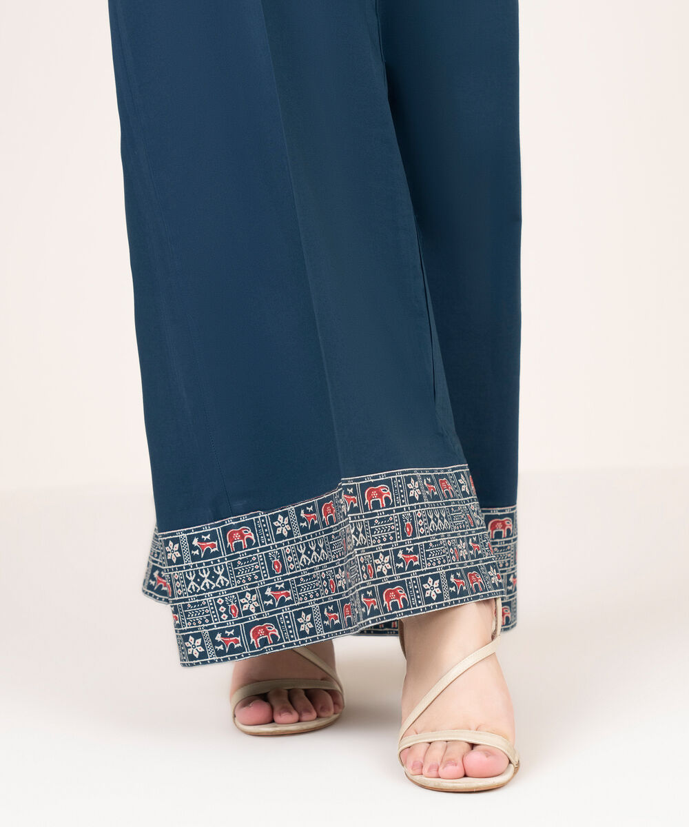 Women's RTW Viscose Linen Solid Blue Flared Pants