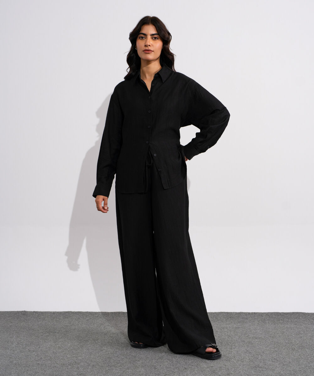 Women's Black Textured Button Through Shirt