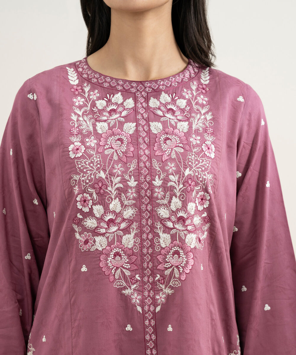 Women's RTW Self Jacquard Embroidered Purple Straight Shirt