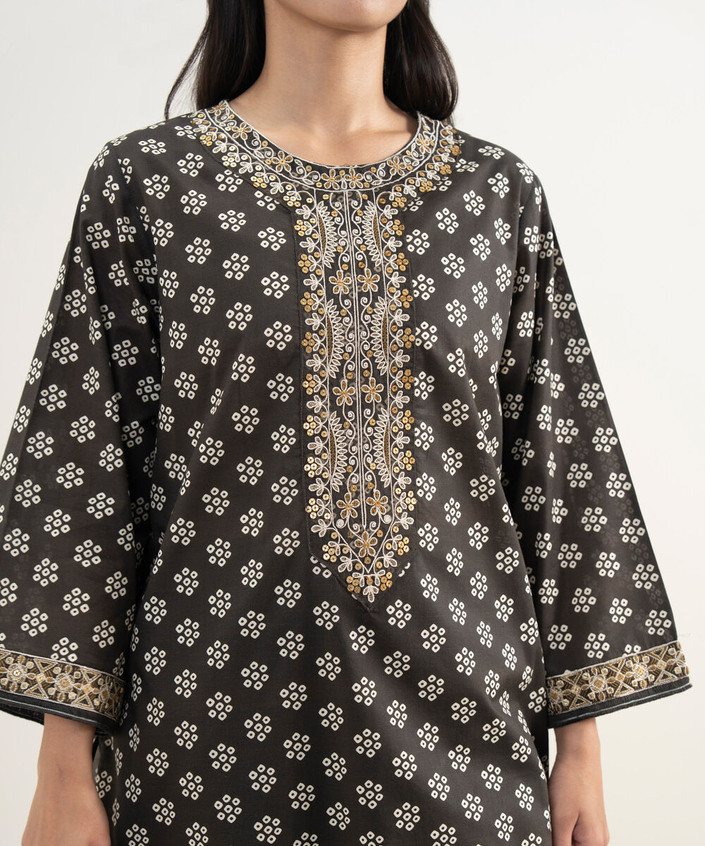 Women's RTW Slub Lawn Embroidered Dark Brown Straight Shirt