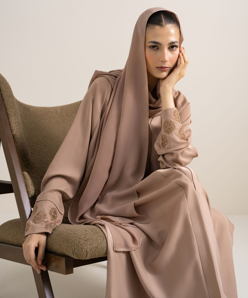 Women's Rose Brown Embellished Abaya Set