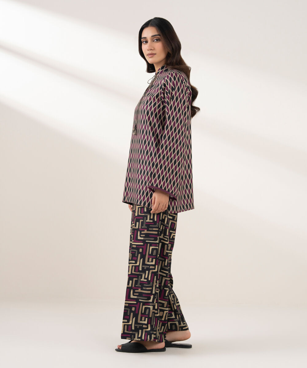 Women's RTW Viscose Linen Printed Straight Purple Shirt