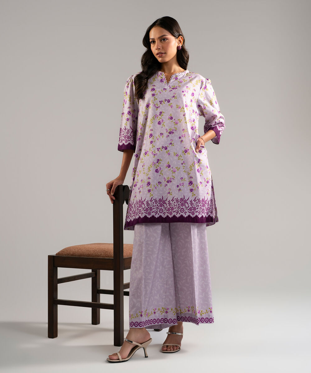 Women's RTW Cotton Viscose Printed Purple Straight Shirt