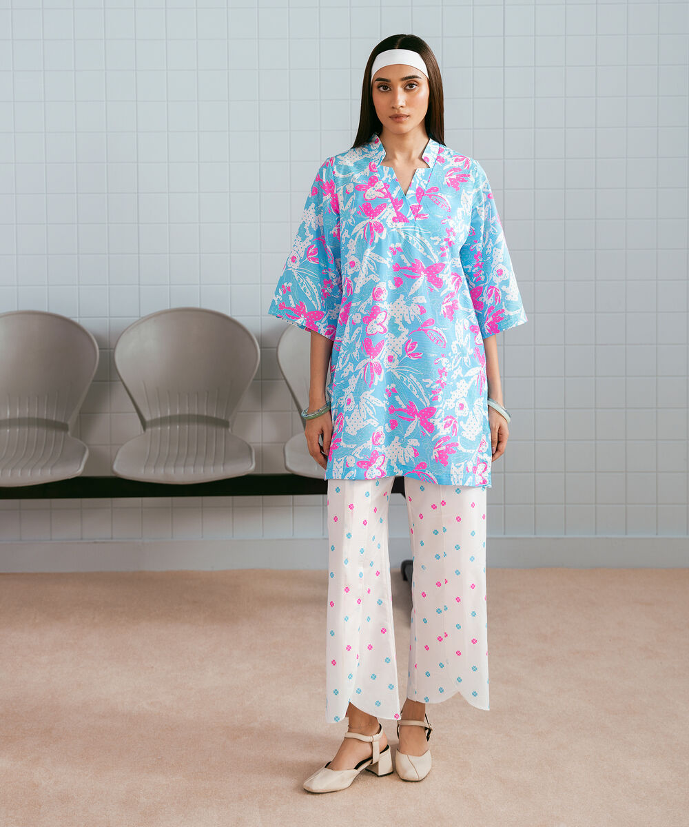 Women's RTW Dobby Printed Neon Blue 2 Piece Suit