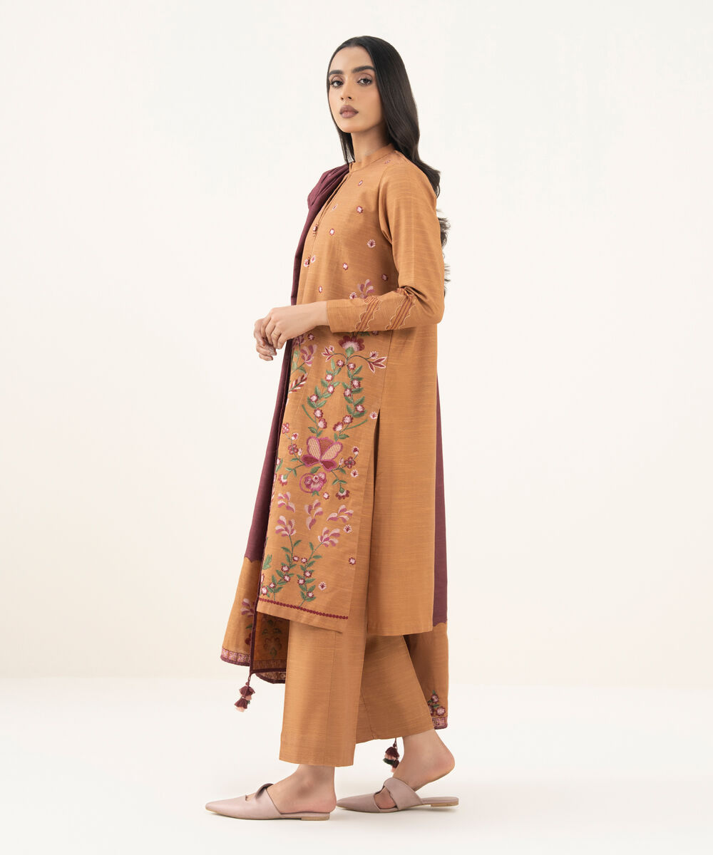 Women's Unstitched Embroidered Khaddar Orange 3 Piece Suit